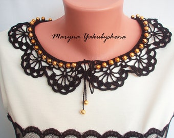 Peter pen crochet black collar wiht gold beads Victorian dress collar Crochet necklace Detachable cotton collar Removable collar