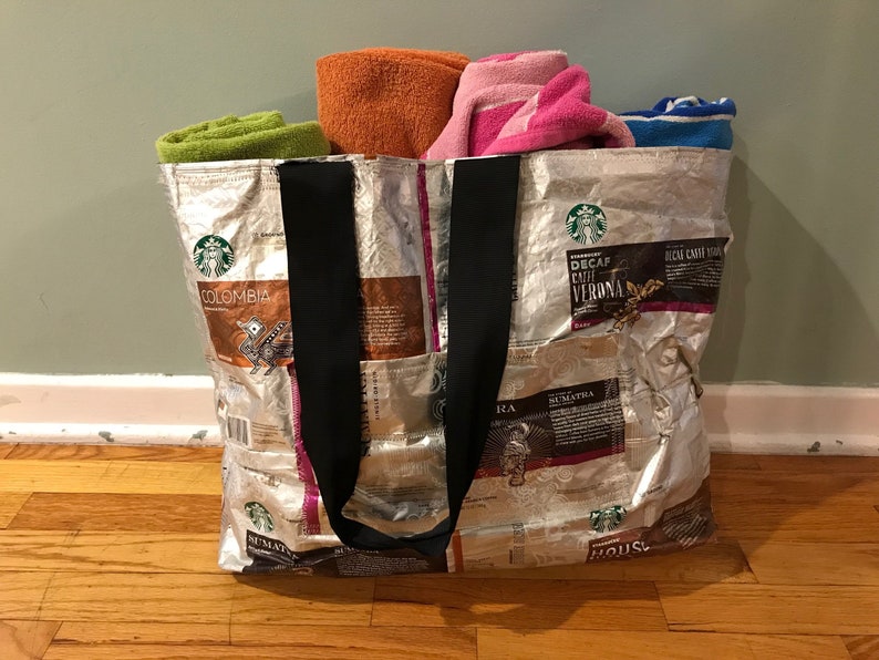 Large Recycled Starbucks Coffee Bag ToteFarmers Market BagPool or Beach Tote