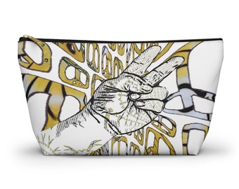 May include: A white zippered pouch with a peace sign design in black and yellow. The peace sign is made up of a hand with two fingers raised.