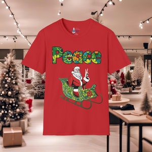 Holiday Peace Santa Claus T-Shirt, Peace Sign Santa in Retro Flower Power Sleigh Tee, Secular Xmas Holiday T-shirt