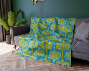 Manta de terciopelo aplastado con cuadrados de la paz, manta con el símbolo de la paz retro, manta turquesa chartreuse de estilo vintage de MCM