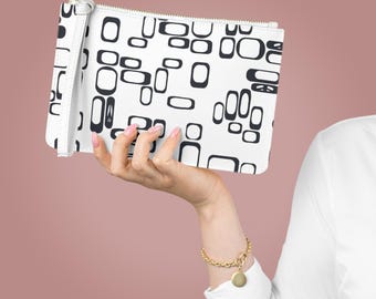Bolso de mano con diseño geométrico en blanco y negro, estilo retro de mediados de siglo, estilo vintage, estilo de los años 60, bolso de noche con el símbolo de la paz