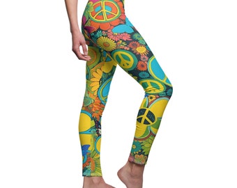 Groovy Peace Flower Women's Casual Leggings, Flower Power Peace Sign Women's Yoga Pants, Butterflies, Flowers, & Peace Signs Running pants