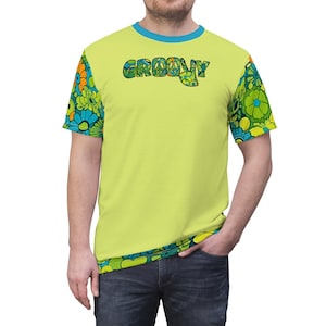 Groovy Peace Pop Art Unisex Pullover Shirt, Retro Flower Power Crewneck Tee, Vintage Style Chartreuse & Turquoise Floral Peace Sign Shirt