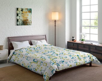 Edredón con el símbolo de la paz Mod Squares, cubrecama retro con el símbolo de la paz en turquesa y chartreuse de MCM, manta de estilo vintage de MCM con símbolos de la paz