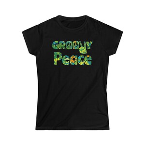 Groovy Peace Women&#39;s Softstyle Tee, Retro Flower Power Crewneck T-Shirt, Vintage Style Chartreuse & Turquoise Floral Peace Sign Shirt