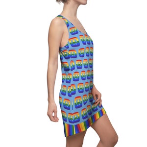 Diverse Peace Pride Racerback Sleeveless Dress, Rainbow LGBTQ+ Pride Flag Dress, Gay Pride Celebration Diversity Peace Signs Rainbow Dress
