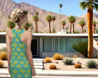Mod Peace Squares Sleeveless Racerback Slip Dress, Mid Century Modern Style Peace Turquoise Chartreuse Dress, Vintage Style Peace Dress