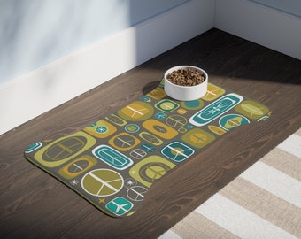 Mid Century Modern Style Square Peace Pet Feeding Mat, Retro MCM Dog Cat Peace Sign Feeding Mat, Vintage Style Bone Fish Shape Pet Food Mat
