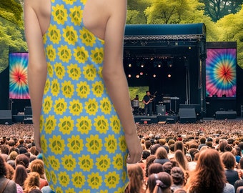 Groovy Peace Racerback Sleeveless Slip Dress, Retro Flower Power Hippie Dress, Vintage Style Bold Floral Print Peace Sign Short Dress