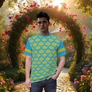 Retro Mid Century Modern Style Square Peace Unisex Pull-Over Shirt, Retro Mod Peace Sign Tee, MCM Vintage Style Chartreuse Turquoise T-shirt