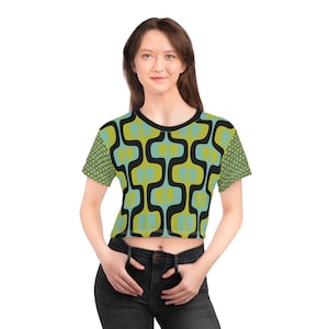 Mid Century Modern Style Square Peace Women&#39;s Crop-Top, Retro Mod Peace Sign Crop Tee, MCM Vintage Style Black Chartreuse & Sage Blue Blouse