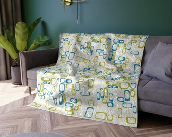 Manta de terciopelo aplastado con diseño de paz y cuadrados mod, manta con el símbolo de la paz retro mod, manta turquesa chartreuse de estilo vintage de MCM.