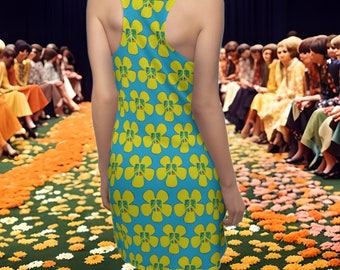 Groovy Peace Racerback Sleeveless Slip Dress, Retro Flower Power Hippie Dress, Vintage Style Chartreuse Floral Print Peace Sign Short Dress