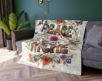 Manta de terciopelo aplastado Peace is My Niche, manta de estilo hippie con motivos de la paz, manta de estilo vintage para entusiastas de la paz, pájaros y mariposas