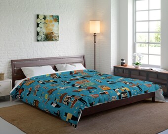 Edredón Mod Bear: Cubrecama Peace Bear turquesa de estilo moderno de mediados de siglo