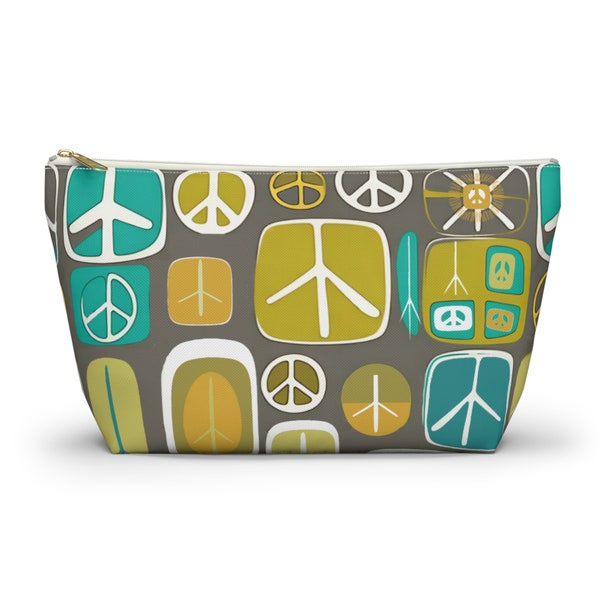 Mid Century Modern Style Square Peace Accessory Pouch, Retro Mod Peace Makeup Bag, MCM Vintage Style Chartreuse & Turquoise Accessory Bag