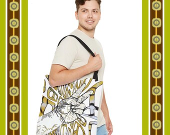 Bolsa de mano con tatuajes de la paz dorada: bolsa de lona para uso diario, reutilizable para comestibles, bolsa de playa retro de los años 70, bolsa escolar moderna, bolso de hombro hippie