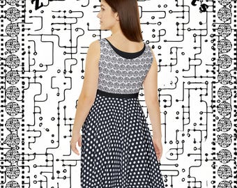 Vestido skater sin mangas con lunares Zen Peace, vestido de cóctel en blanco y negro con lunares, vestido de lunares en blanco y negro de estilo vintage