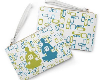 Bolso de mano con diseño de Buda en estilo pop art, estilo retro, color chartreuse y turquesa, moderno, de mediados de siglo, bolso de noche con símbolo de la paz de estilo vintage