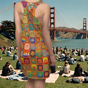 Puede incluir: Un vestido sin mangas con un estampado colorido de signos de paz. El vestido es naranja, verde, azul y amarillo. El vestido lo lleva una persona de pie frente al Puente Golden Gate.