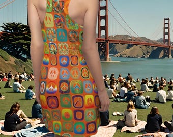 Square Peace Signs Racerback Sleeveless Dress, Vintage Style Patchwork Peace Pattern Dress, Retro Groovy Hippie Dress, Mini T-Shirt Dress