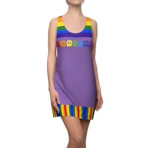 Diverse Peace Pride Racerback Sleeveless Dress, Rainbow LGBTQ+ Vertical Stripe Pride Flag Dress, Purple Gay Pride Celebration Diversity