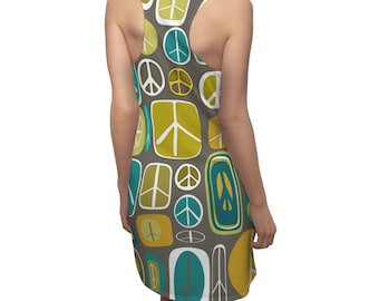 Mid Century Modern Square Style Peace Sleeveless Slip Racerback Dress, Retro Mod Peace Sign Dress,  Vintage Style Chartreuse Turquoise Dress