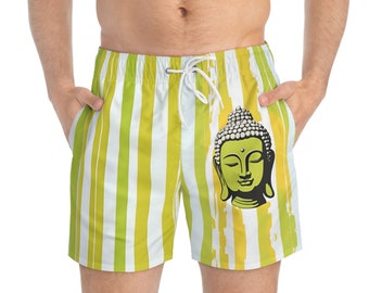 Pop Art Buddha Badehose, Chartreuse Peace Buddha Herren Badeanzug, Distressed Chartreuse & Gold Stripped Herren Badeanzug,