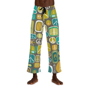 May include: A pair of gray pajama pants with a pattern of peace signs in various shades of green, yellow, and blue.