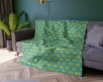 Manta de terciopelo aplastado con cuadrados de la paz, manta con el símbolo de la paz retro, manta turquesa chartreuse de estilo vintage de MCM