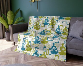 Manta de terciopelo aplastado con budas de estilo pop art, manta con motivos geométricos de la paz de mediados de siglo, manta de estilo vintage en verde chartreuse y turquesa