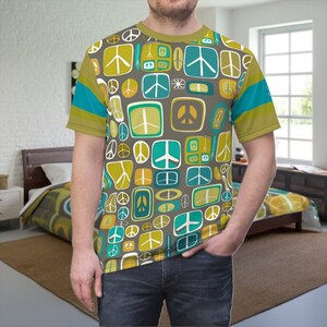 MCM Style Peace Sign Pullover Shirt: Turquoise and Chartreuse Mod Style