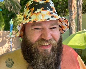 Mod Peace Bear Bucket Hat, Mid Century Modern Style, Vintage Mid Century Modern Style Fisherman&#39;s Hat with Artist Peace Bear Design Print
