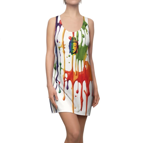 Rainbow Drip Paint Racerback Dress for LGBTQ Pride, Buddha Inspired Diversity Celebration Slip Dress, LGBTQ+ Pride Sleeveless Fashion Dress Rainbow Drip Paint Racerback Dress for LGBTQ Pride, Buddha Inspired Diversity Celebration Slip Dress, LGBTQ+ Pride Sleeveless Fashion Dress