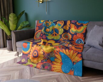 Manta de terciopelo aplastado Groovy Peace, manta con el símbolo de la paz de estilo vintage, manta con el símbolo de la paz de flores y mariposas de estilo hippie retro