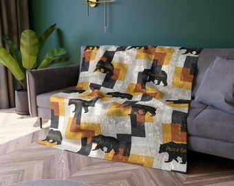 Manta de terciopelo aplastado Peace Bear, manta Peace Bear Orgullo, manta de oso estilo MCM, decoración moderna de mediados de siglo para el hogar, regalo de oso.