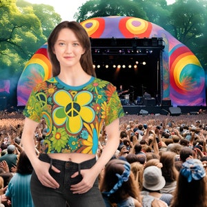 Groovy Peace Women&#39;s Crop-Top, Retro Flower Power Crop Tee, Vintage Style Chartreuse & Turquoise Bold Floral Print Peace Sign Blouse