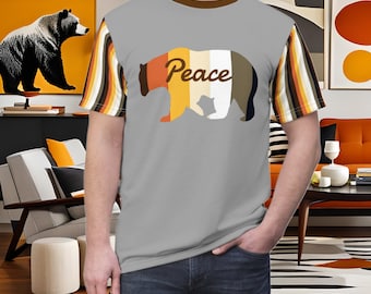 Peace Bear Pride Pull-Over Gray Shirt with Striped Sleeves, Mod Bear Silhouette Pull-Over Shirt, LGBTQ Bear Top, Bear Pride Flag Peace Shirt