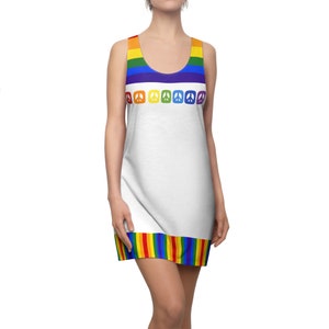Diverse Peace Pride Racerback Sleeveless Dress, Rainbow LGBTQ+ Pride Flag Dress, Gay Pride Celebration Diversity Buddhas Rainbow Dress