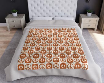 Manta de terciopelo aplastado de color naranja con el símbolo de la paz, manta retro con el símbolo de la paz, manta naranja de estilo vintage MCM, manta naranja aplastada con el símbolo de la paz
