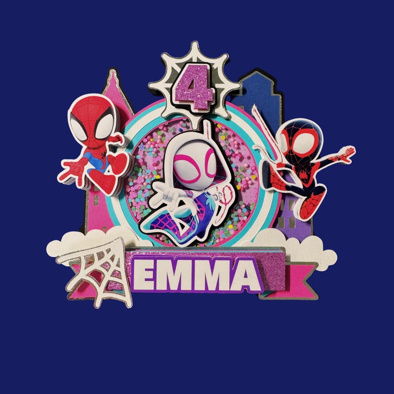 May include: A colorful cake topper featuring Spider-Man characters. The design includes the number 4, the name "EMMA", and cityscape silhouettes. The background is a deep blue.