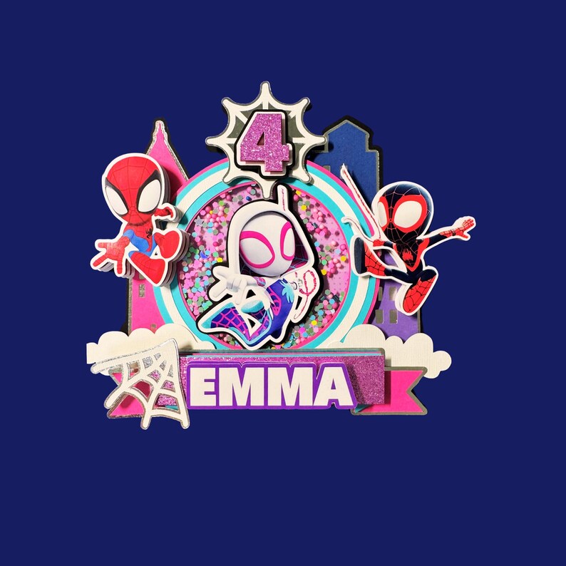 May include: A colorful cake topper featuring Spider-Man characters. The design includes the number 4, the name "EMMA", and various superhero figures. The background is a vibrant blue.