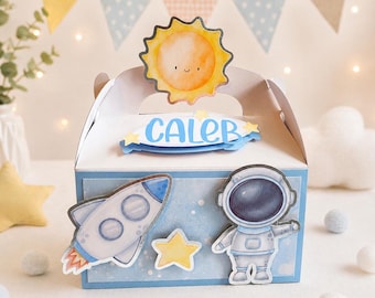 Space Party Favor Box • First Trip Around the Sun Box • Rocket Birthday Gable Box • Custom Name Favor Box • Astronaut Party Supplies.