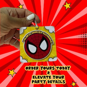May include: A yellow and red Spider-Man themed party favor tag with the text "Valerio Endeiza Eschenazi" in a circular design. The tag features the Spider-Man mask and the text "Order Yours Today & Elevate Your Party Details". The background is red with starburst lines and yellow stars.