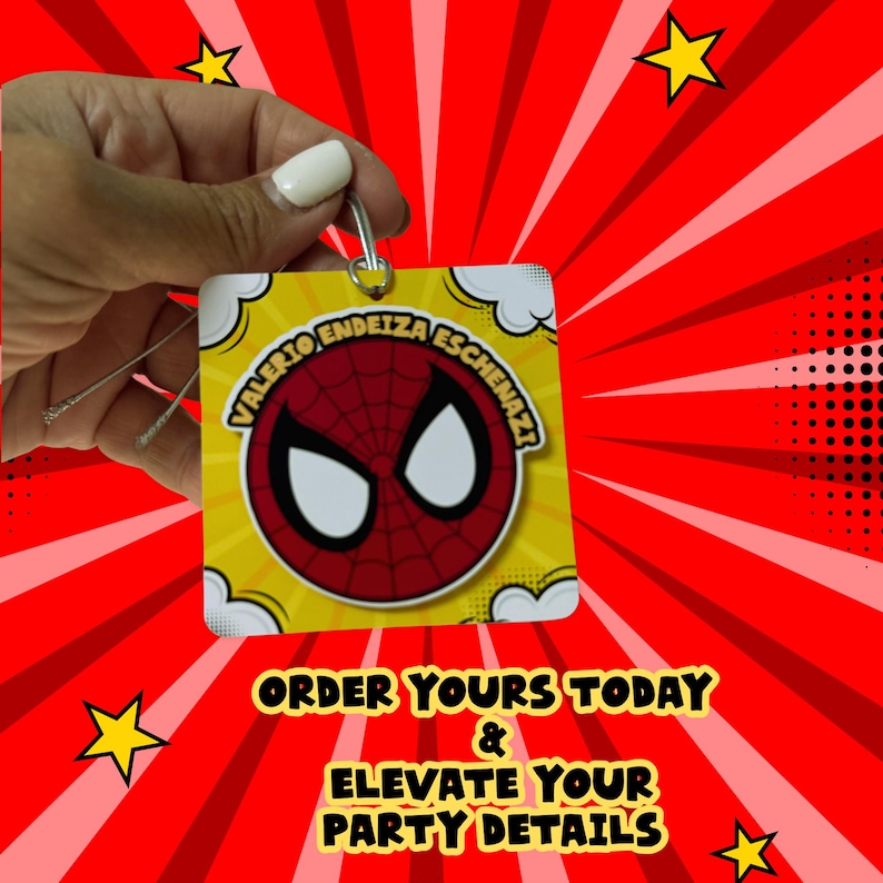 May include: A yellow and red Spider-Man themed party favor tag with the text "Valerio Endeiza Eschenazi" in a circular design. The tag features the Spider-Man mask and the text "Order Yours Today & Elevate Your Party Details". The background is red with starburst lines and yellow stars.