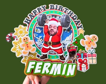 Muscle Santa Cake Topper – Custom Face Christmas Topper, Gym Fitness Birthday Decor, Weightlifting CrossFit Holiday Topper Personalized