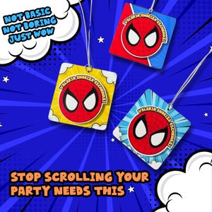 May include: Three Spider-Man themed party favors with a red and white spider web design on a blue background. The favors have the text "VALERIO ENDEIZA ESCHENAZI" and the phrases "NOT BASIC NOT BORING JUST WOW" and "STOP SCROLLING YOUR PARTY NEEDS THIS".