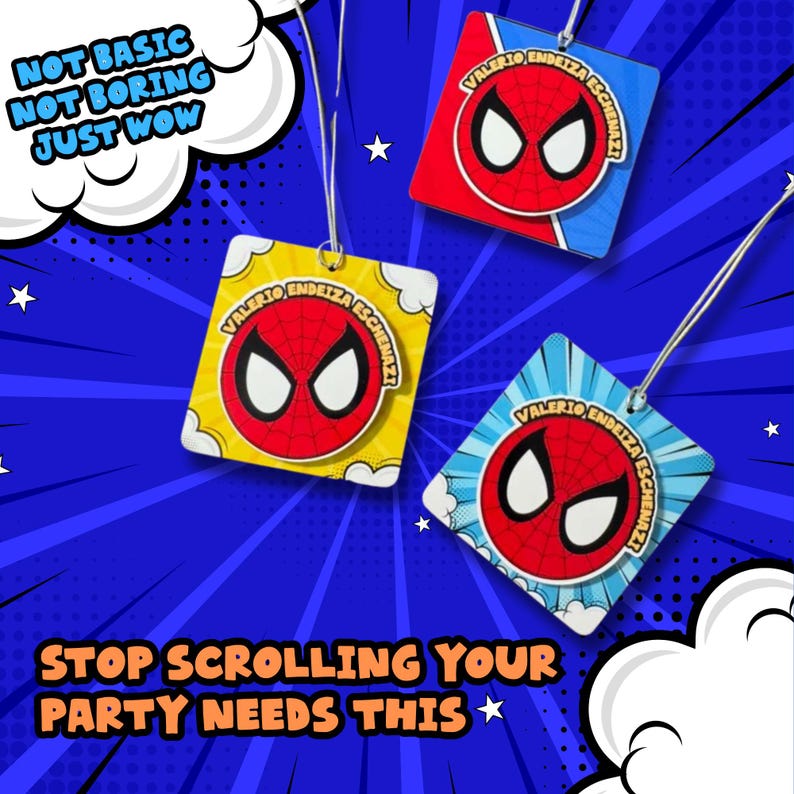 May include: Three Spider-Man themed party favors with a red and white spider web design on a blue background. The favors have the text "VALERIO ENDEIZA ESCHENAZI" and the phrases "NOT BASIC NOT BORING JUST WOW" and "STOP SCROLLING YOUR PARTY NEEDS THIS".