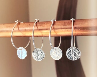 Silver Hoop Earrings With Leaf Discs, Ecosilver